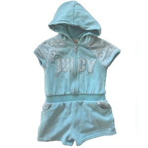 ✨ Kids JUICY COUTURE Zip Up Cover-up Romper • Distressed Teal/White Lace SIZE 6